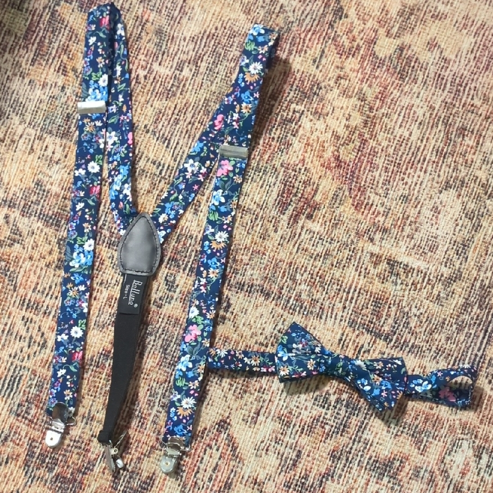 Kids LARGE- Adjustable Floral Suspenders and Bow Tie Set